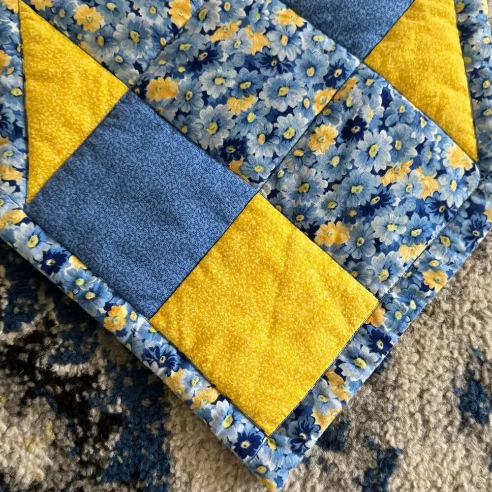 Handmade Quilted Patchwork Square Table Runner Blue Yellow Floral 12x46 Cottage